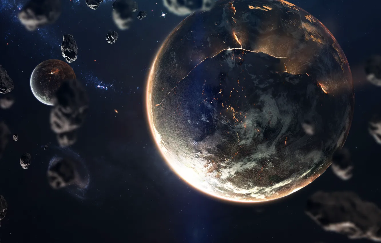 Photo wallpaper space, stars, fiction, planet, satellite, asteroids, art, space