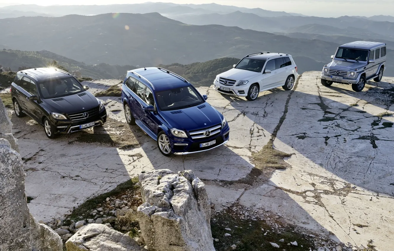 Photo wallpaper mountains, rocks, Mercedes-Benz, jeep, SUV, crossover, GLK-class, G-Class