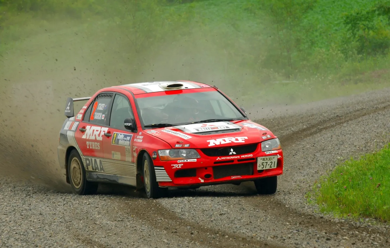 Photo wallpaper Turn, Skid, Mitsubishi, Lancer, Rally, Gas, The front, Red
