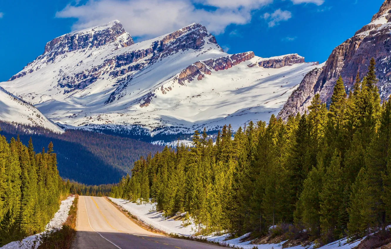 Photo wallpaper road, the sky, clouds, snow, trees, mountains, canada, alberta