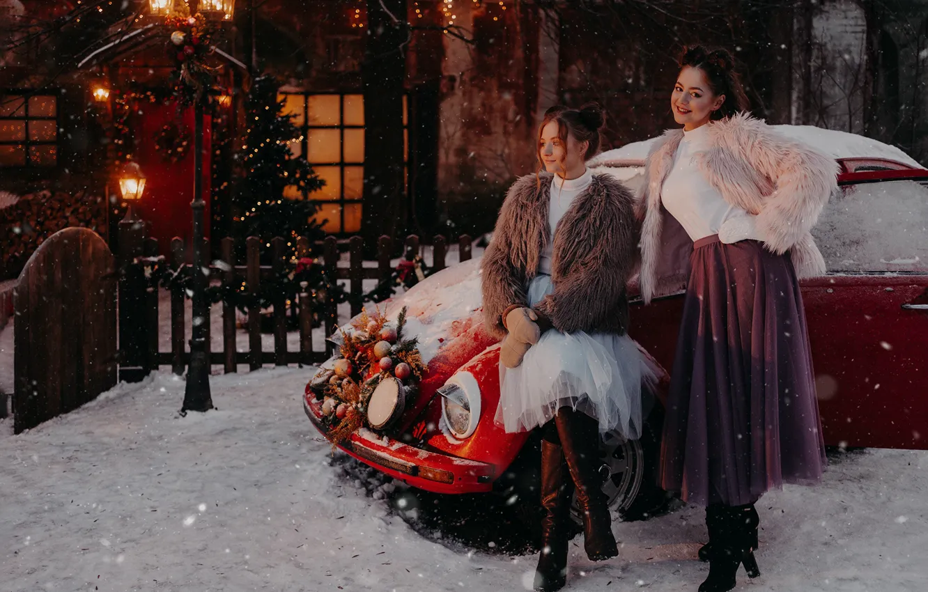 Photo wallpaper machine, auto, snow, pose, girls, mood, the fence, Christmas