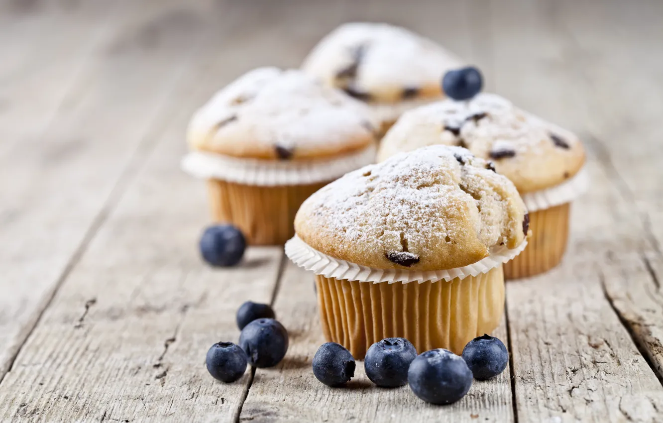 Photo wallpaper berries, blueberries, cupcakes, powdered sugar