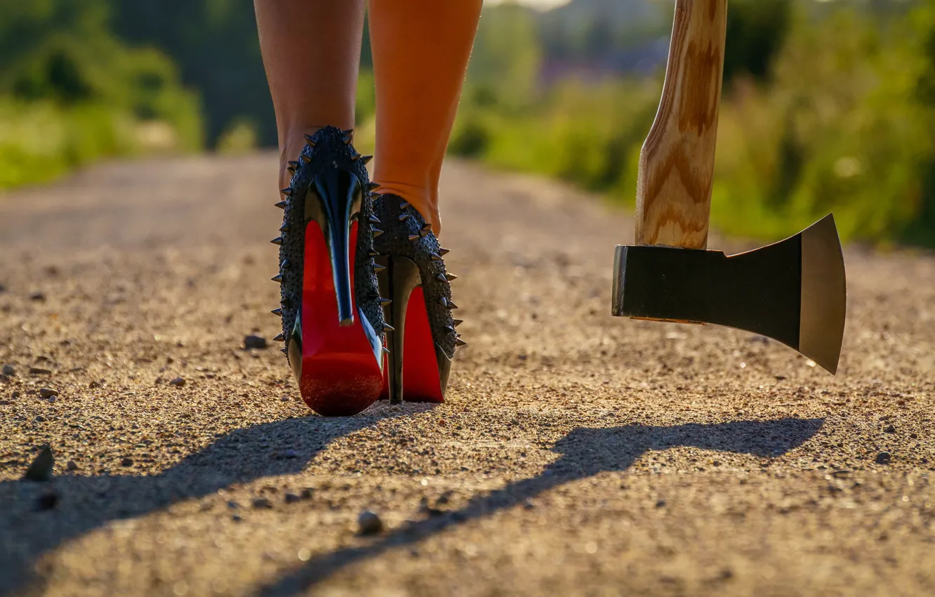 Photo wallpaper road, girl, axe