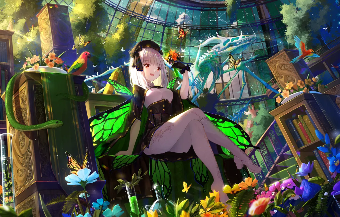 Photo wallpaper girl, butterfly, snake, wings, fantasy, parrot, greenhouse