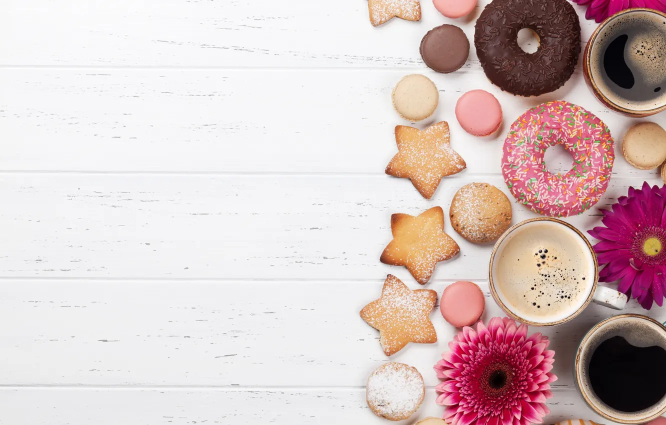 Photo wallpaper flowers, donuts, gerbera, wood, pink, flowers, coffee cup, with love