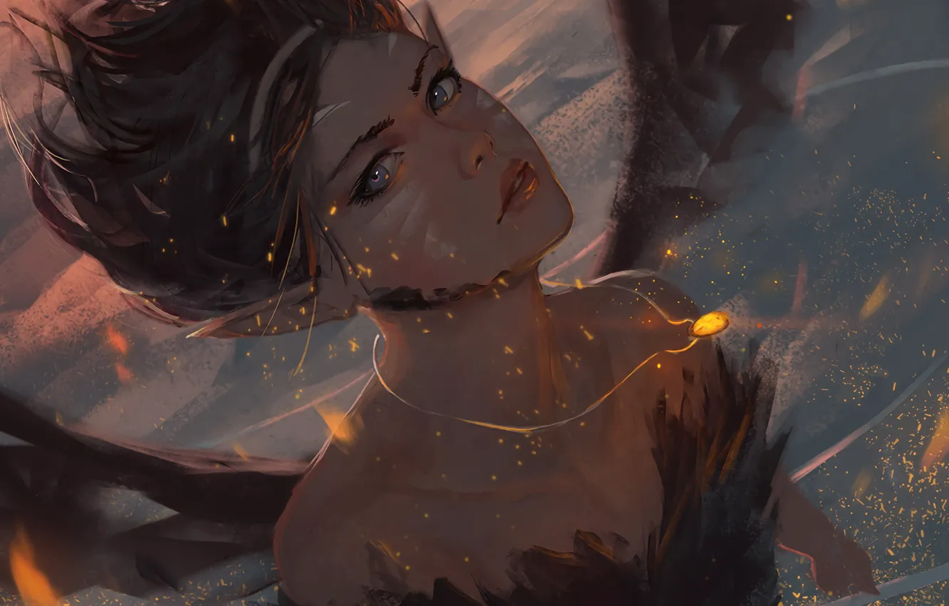 Photo wallpaper fire, girl, fantasy, dress, art, purple eyes, painting, elf