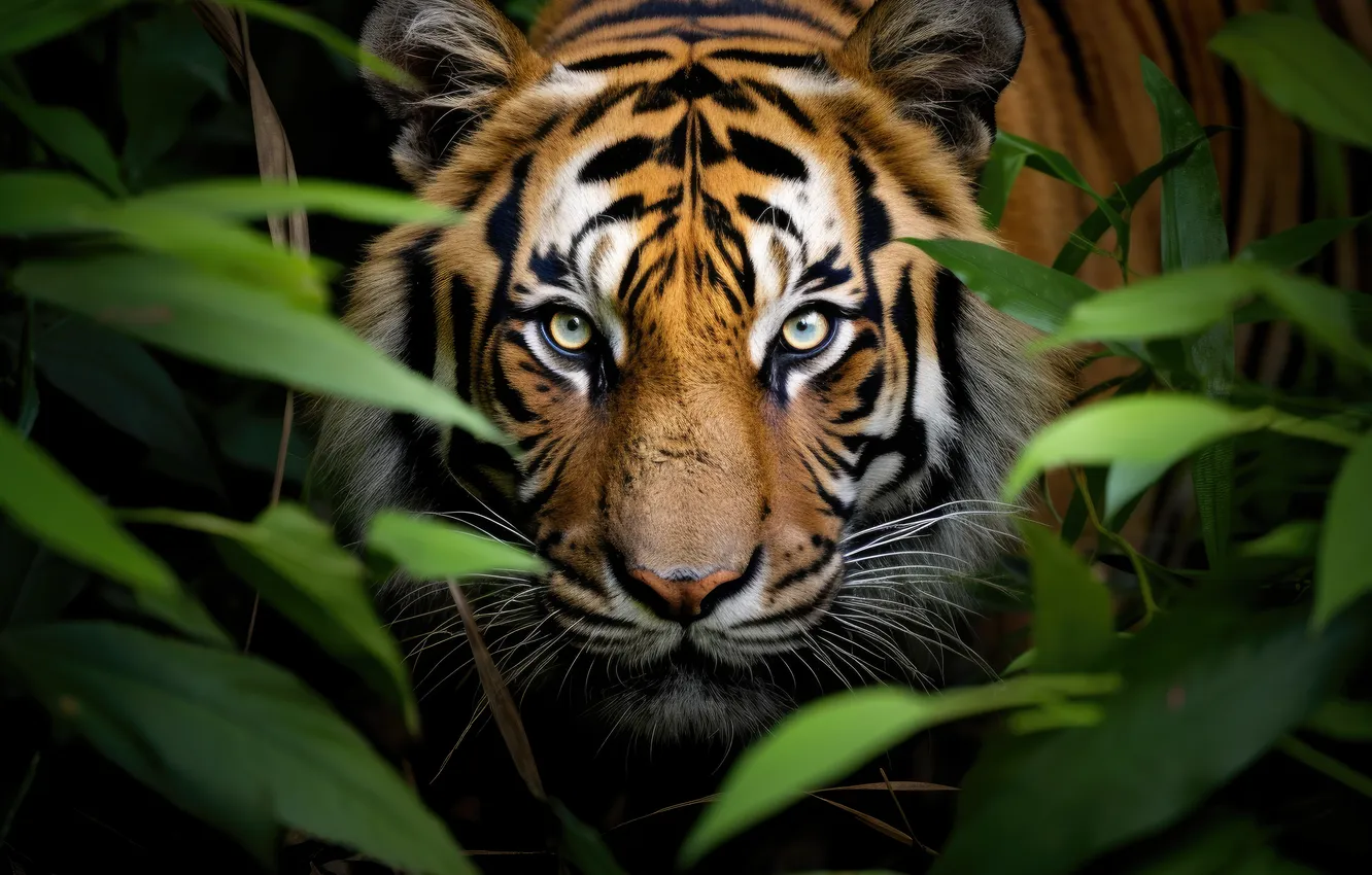 Photo wallpaper greens, look, face, leaves, nature, tiger, thickets, portrait