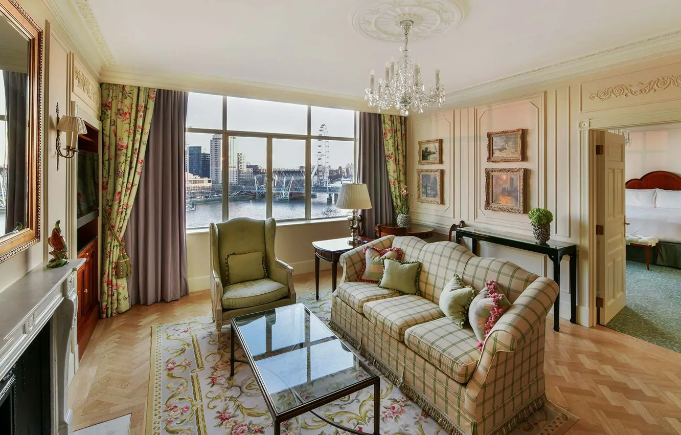 Photo wallpaper design, style, London, interior, fireplace, living room, individual suite, historic hotel