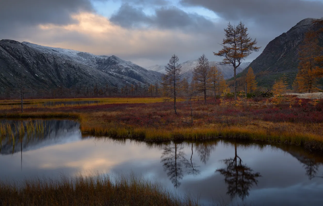 Photo wallpaper autumn, trees, landscape, mountains, reflection, shore, pond