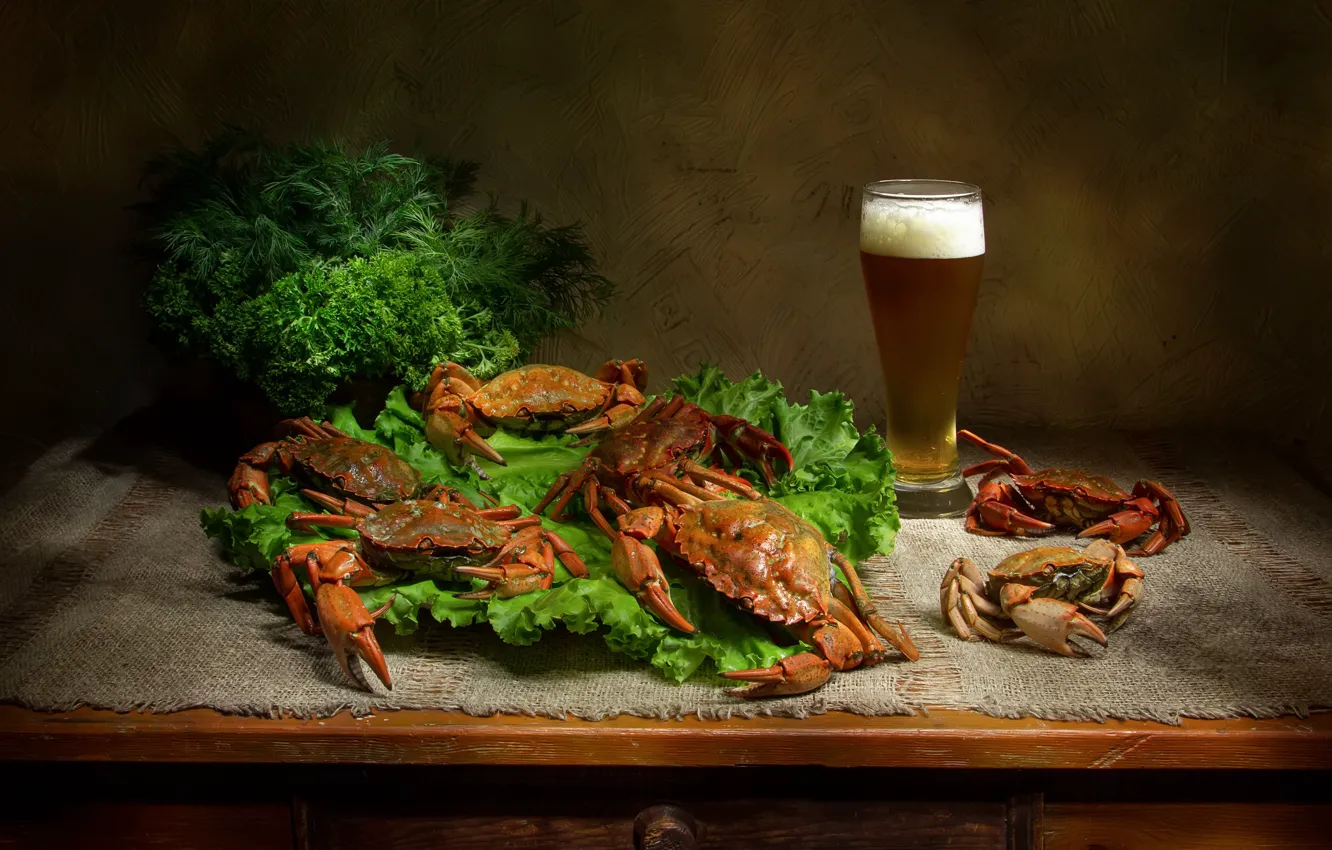 Photo wallpaper greens, leaves, table, glass, crab, beer, dill, fabric