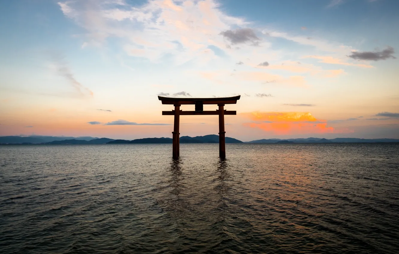 Photo wallpaper the sky, landscape, the ocean, gate, Japan, Japan, torii