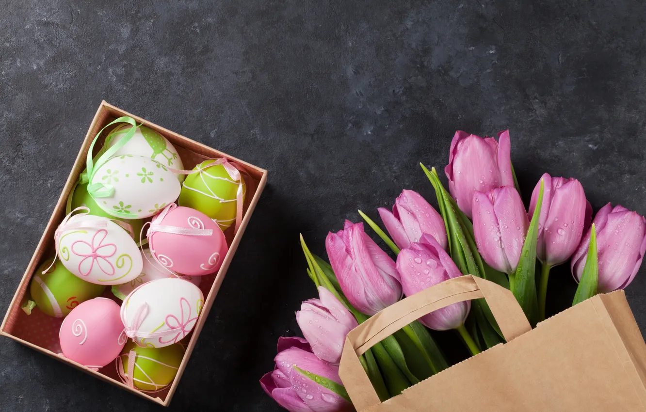 Photo wallpaper flowers, eggs, bouquet, spring, colorful, Easter, tulips, pink