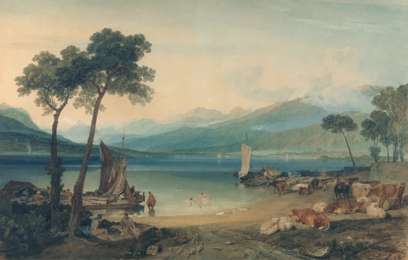 Photo wallpaper landscape, mountains, boat, picture, cows, sail, William Turner, Lake Geneva and Mont Blanc