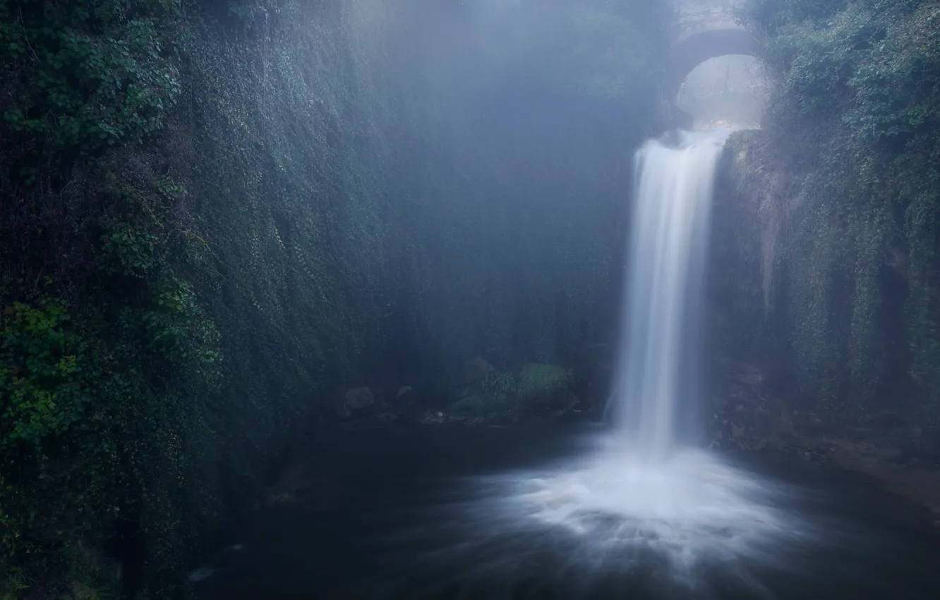Photo wallpaper fog, rocks, waterfall, haze