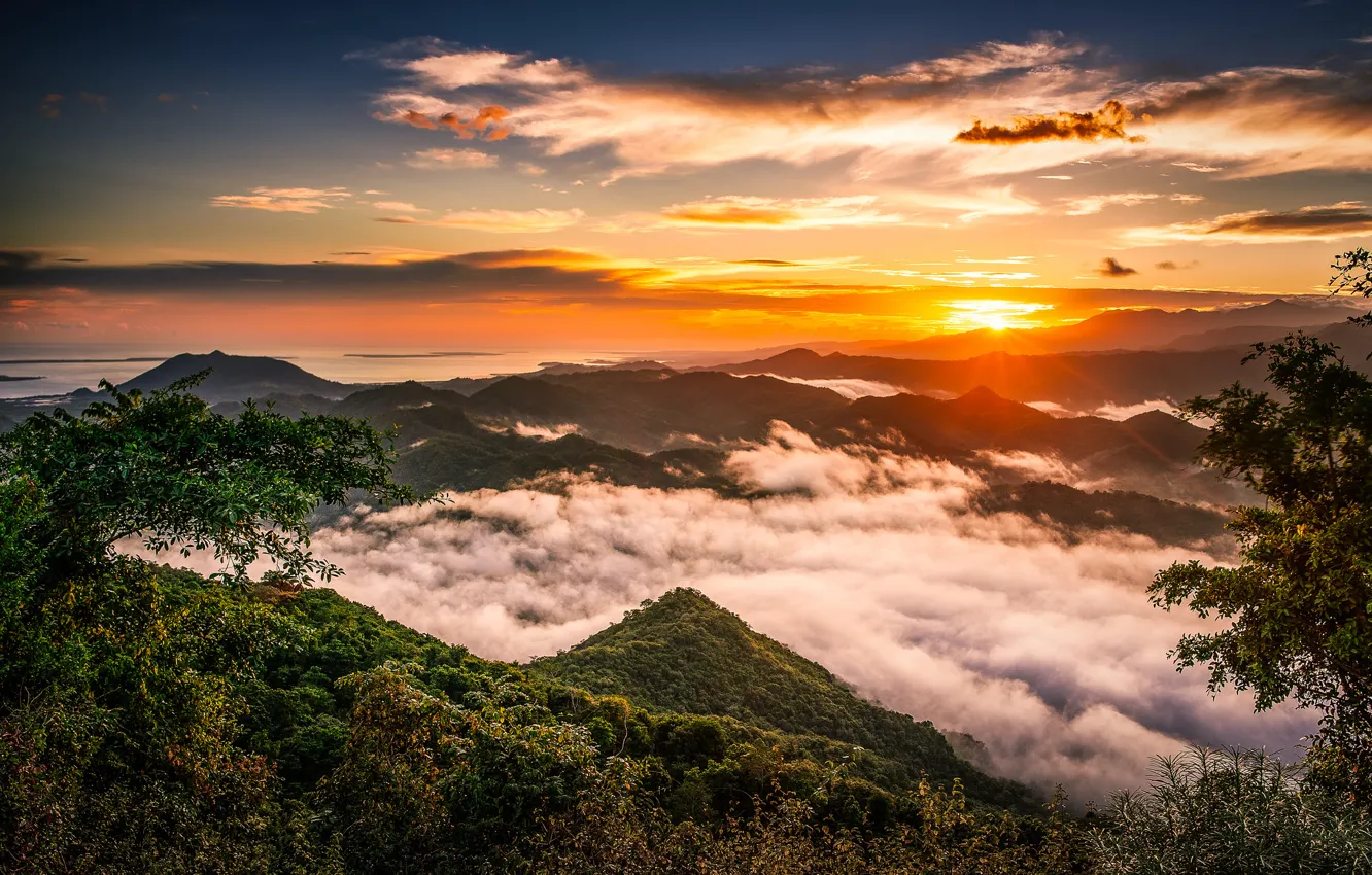 Photo wallpaper sea, the sky, the sun, clouds, trees, sunset, mountains, Bay