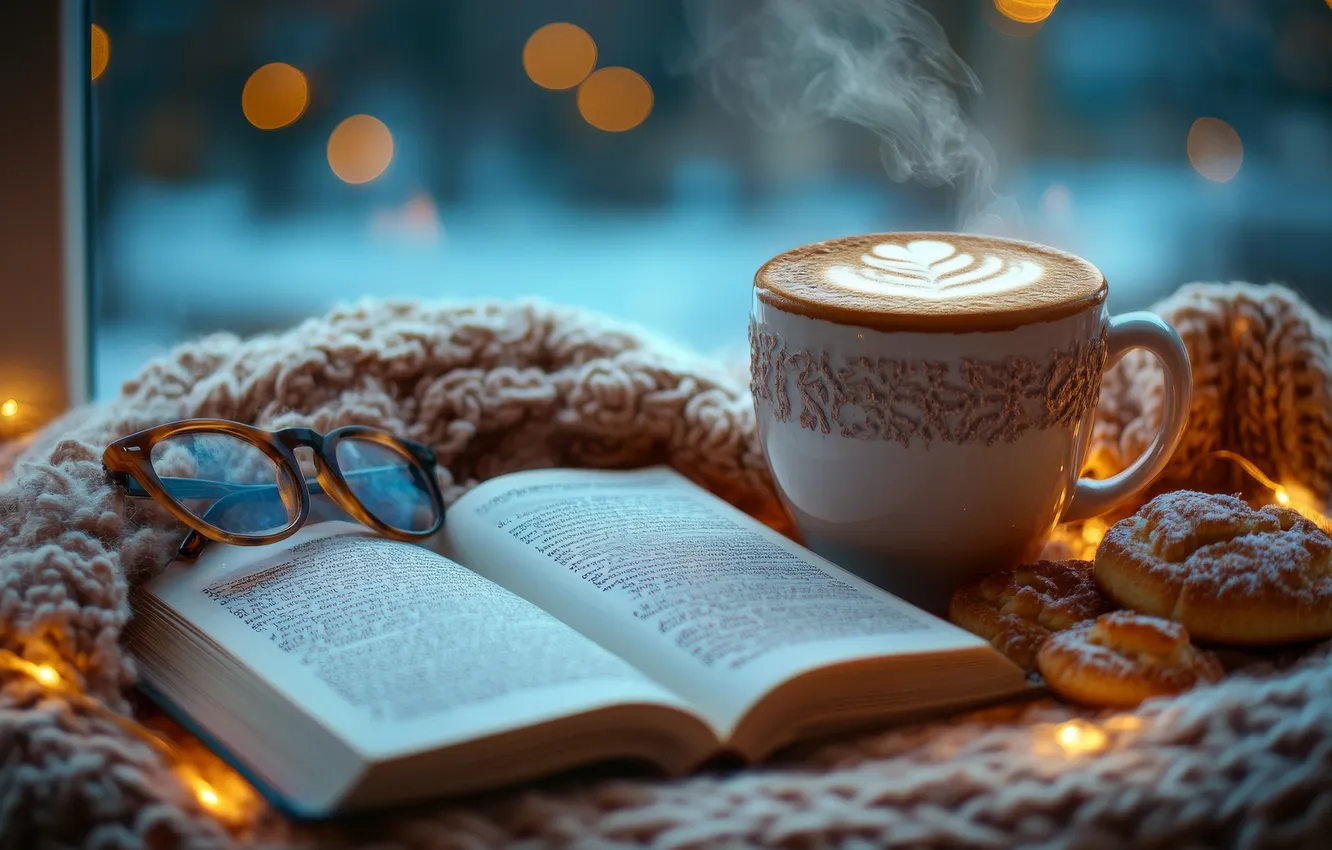 Photo wallpaper winter, night, comfort, coffee, the evening, cookies, window, glasses