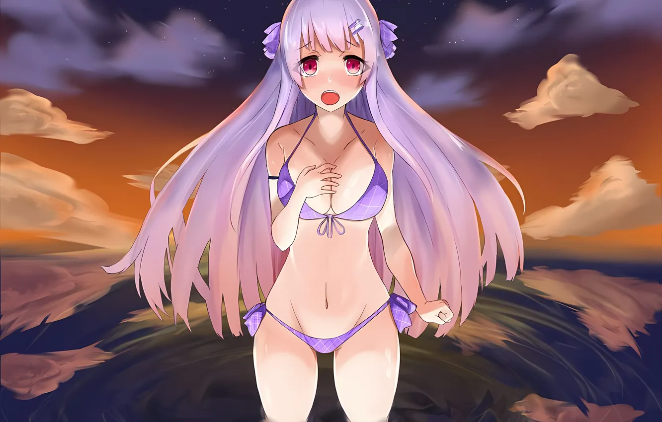 Photo wallpaper girl, sexy, cleavage, long hair, boobs, sexy girl, sunset, anime