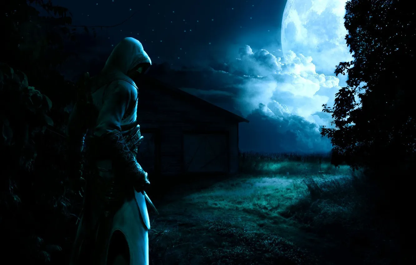 Photo wallpaper night, darkness, assassins creed, the full moon, Altair