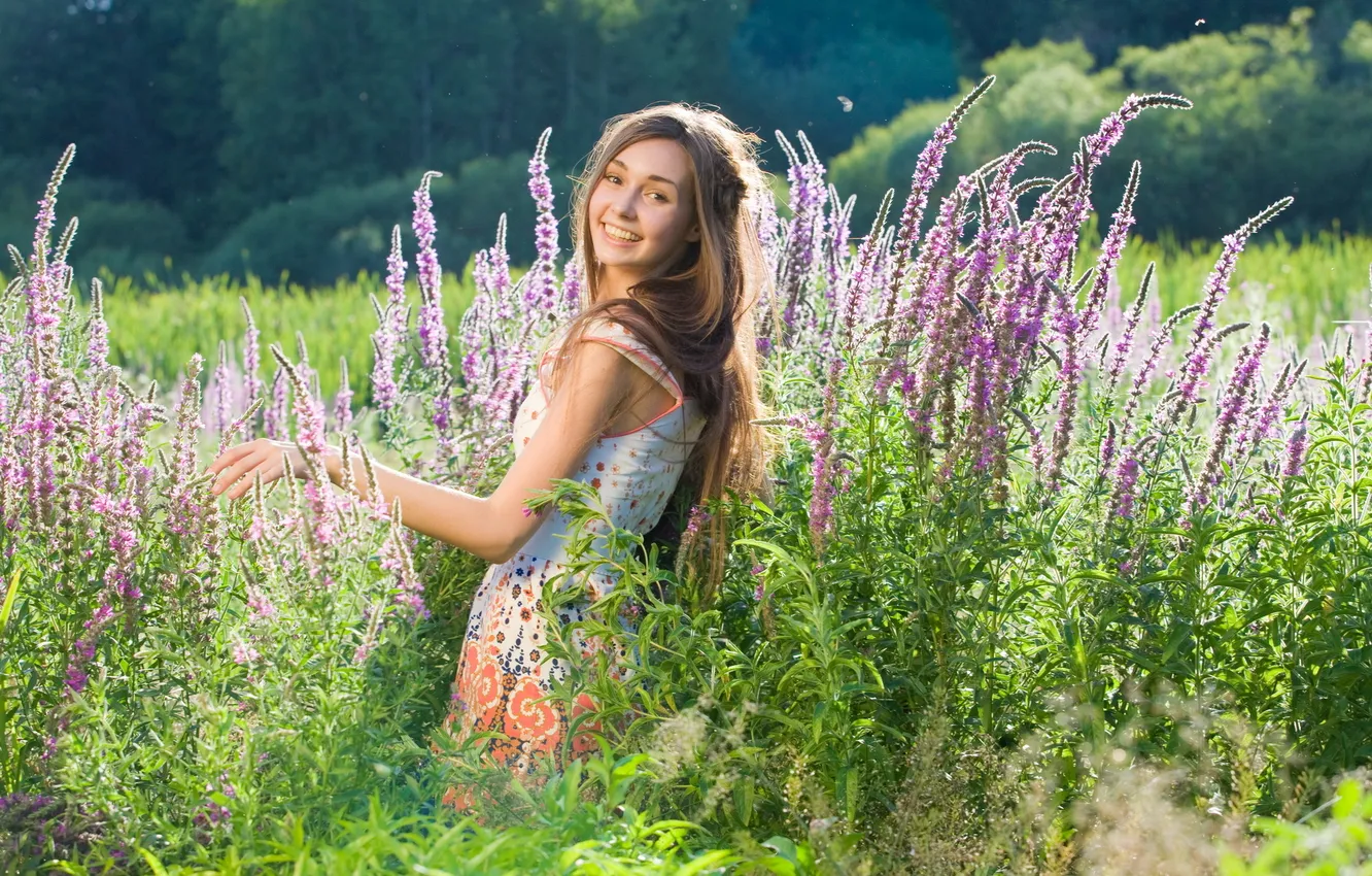 Photo wallpaper look, girl, flowers, nature, smile, Ukraine
