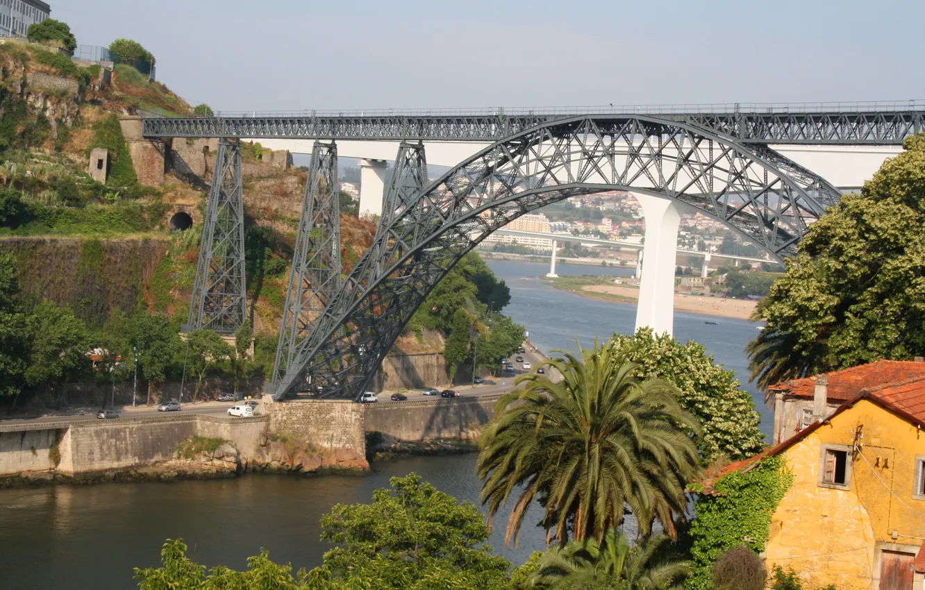 Photo wallpaper the sky, bridge, palm trees, home, support, Bay, arch, Portugal