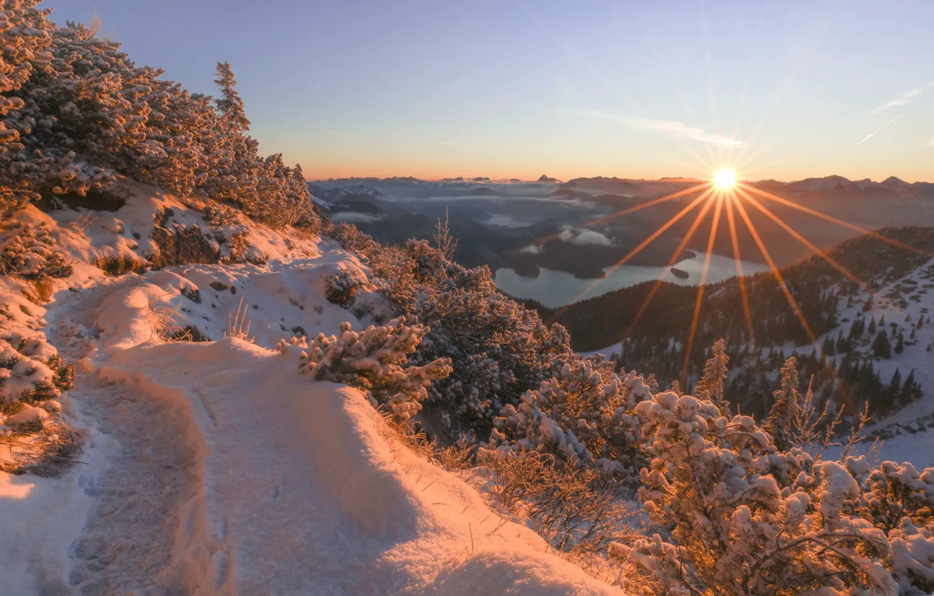Photo wallpaper winter, snow, sunset, mountains, Germany, Bayern, path, the bushes