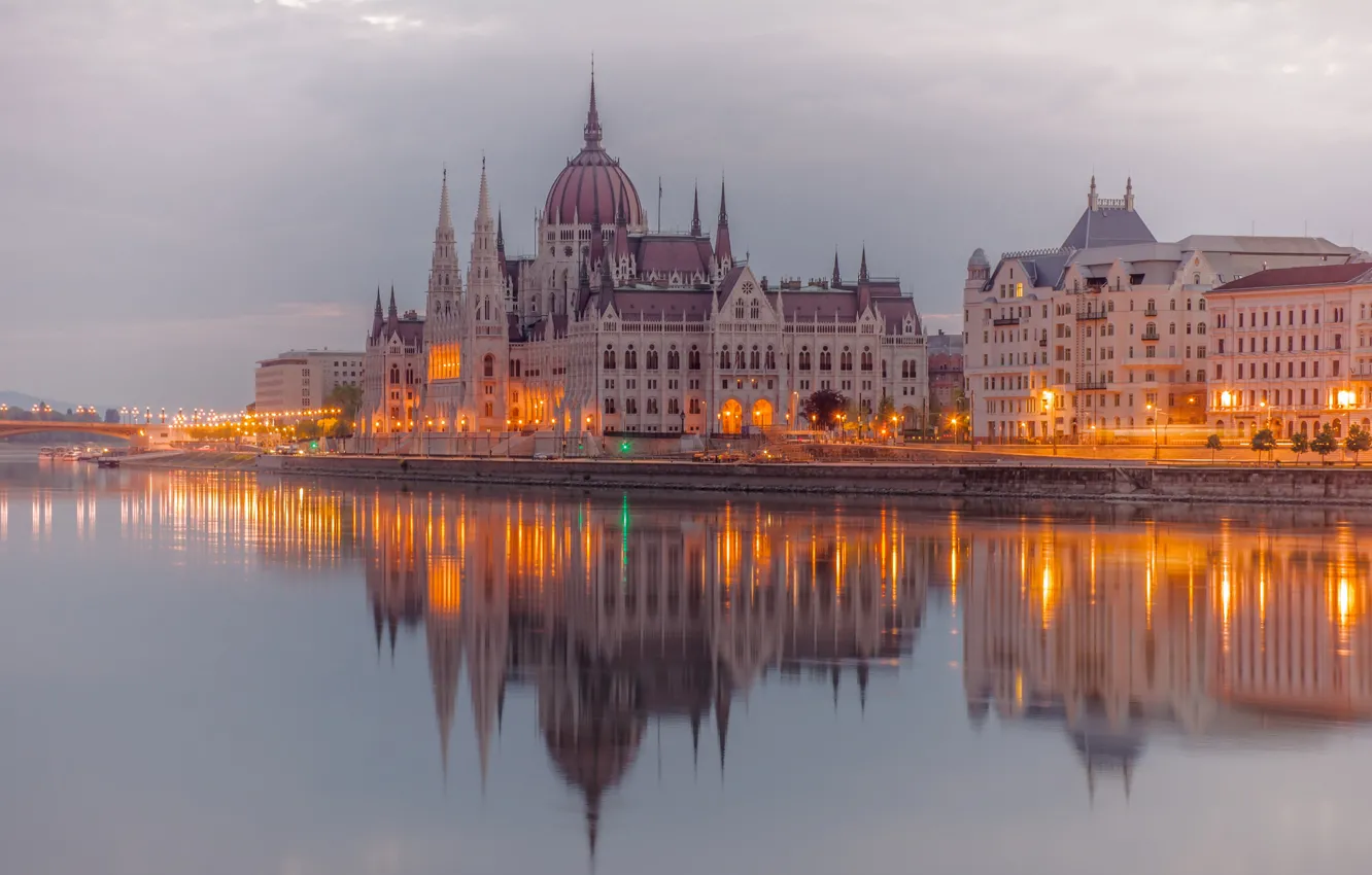 Photo wallpaper lights, river, Parliament, Hungary, Budapest, The Danube