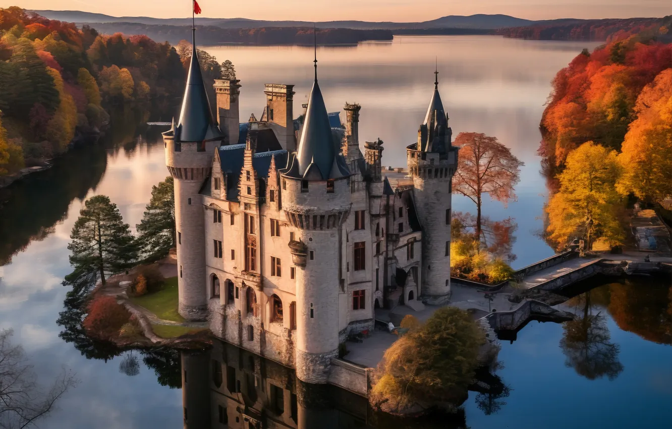 Photo wallpaper autumn, river, castle, rocks, autumn, view, rocks, castle