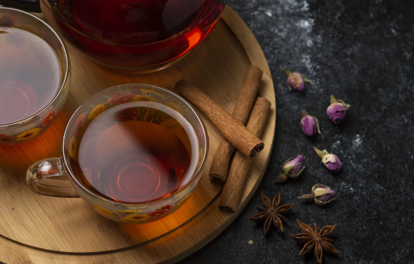 Photo wallpaper flowers, tea, Cup, cinnamon, rosette, cutting Board