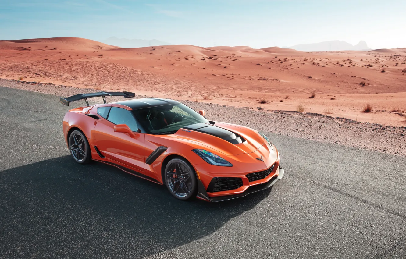 Photo wallpaper orange, desert, Corvette, Chevrolet, ZR1, 2019