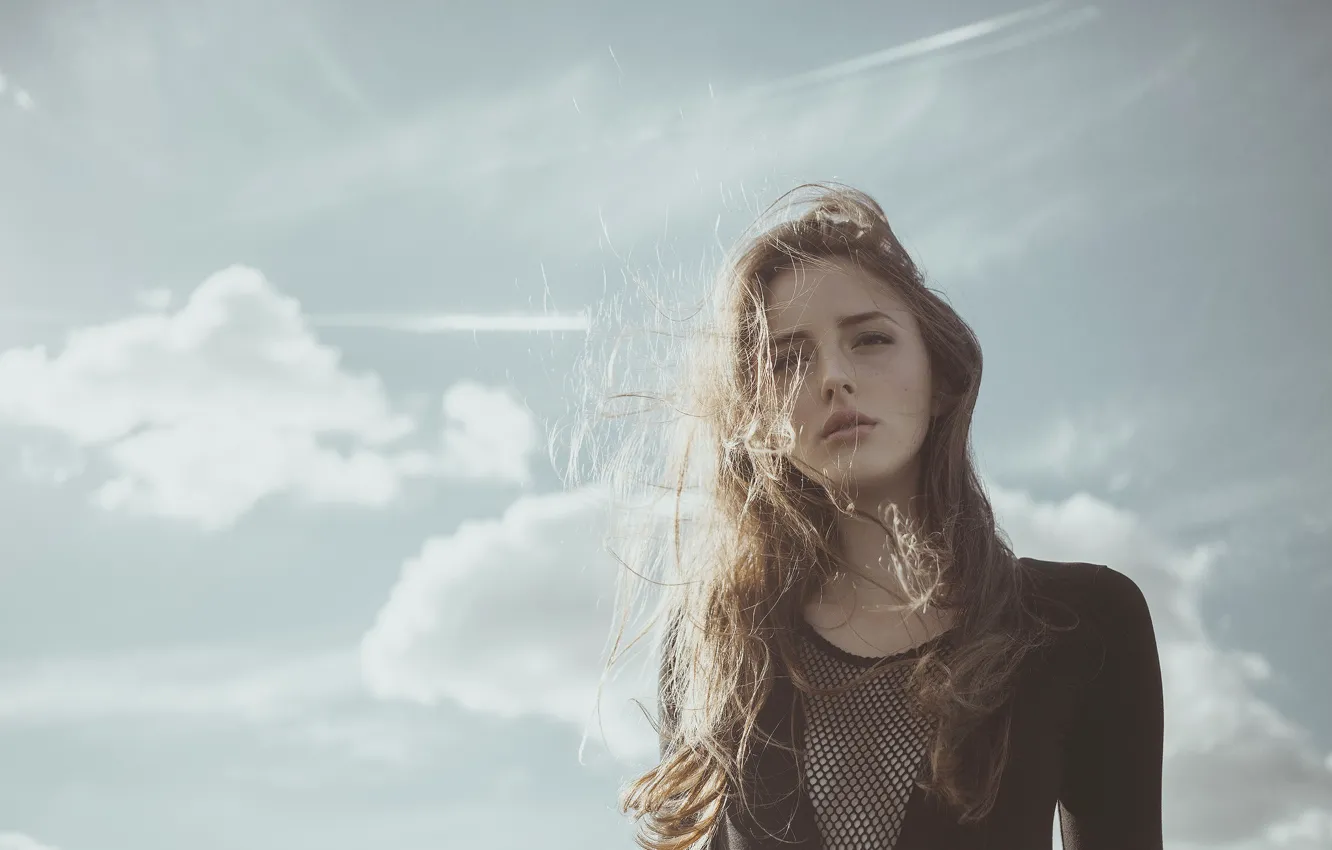 Photo wallpaper the sky, girl, clouds, the wind, brown hair, Sanya Timan