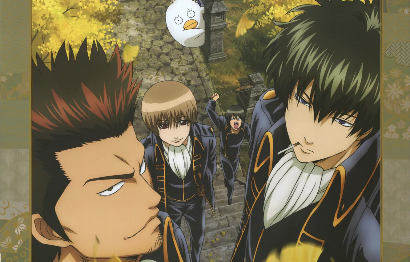 Photo wallpaper leaves, cigarette, ladder, gintama, Gintama, okita sougo, elizabeth, hijikata toushirou