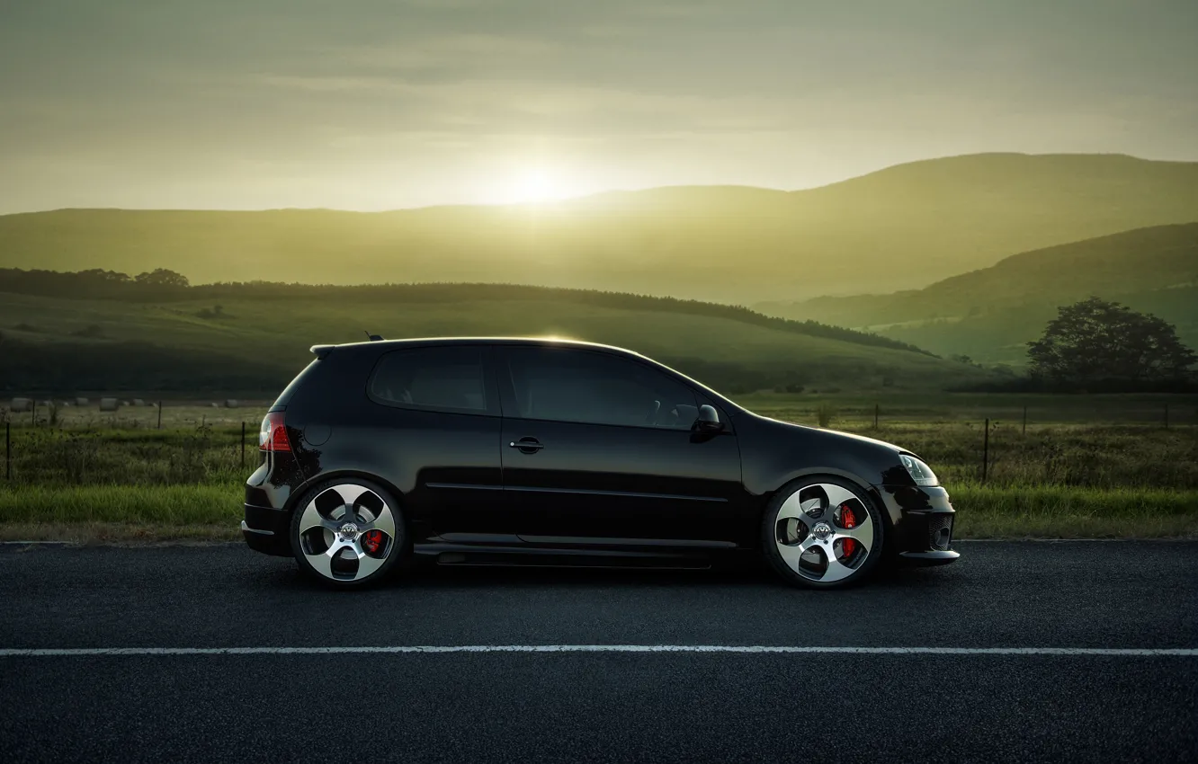 Photo wallpaper road, field, Volkswagen, drives, Golf, GTI, side, MKV