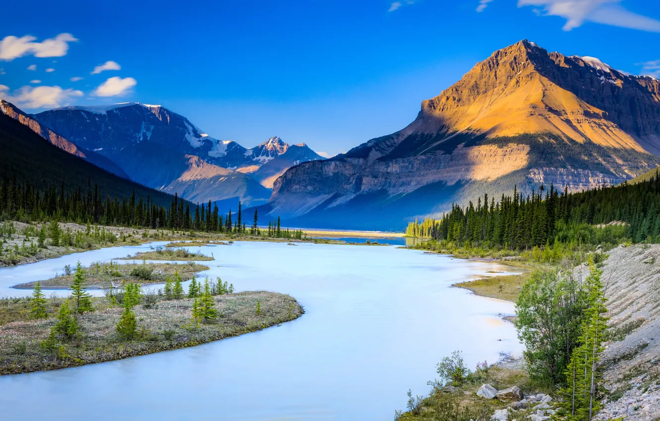 Photo wallpaper forest, the sky, clouds, light, mountains, lake, blue, shore
