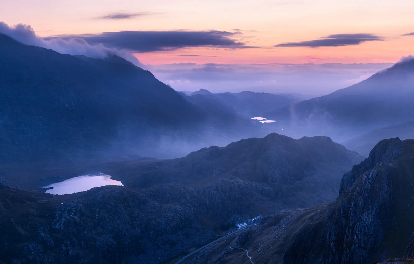 Photo wallpaper mountains, fog, lake, slope, haze, twilight