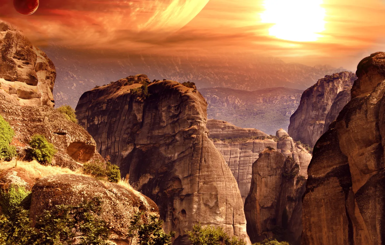 Photo wallpaper the sky, the sun, trees, mountains, nature, stones, rocks, planet