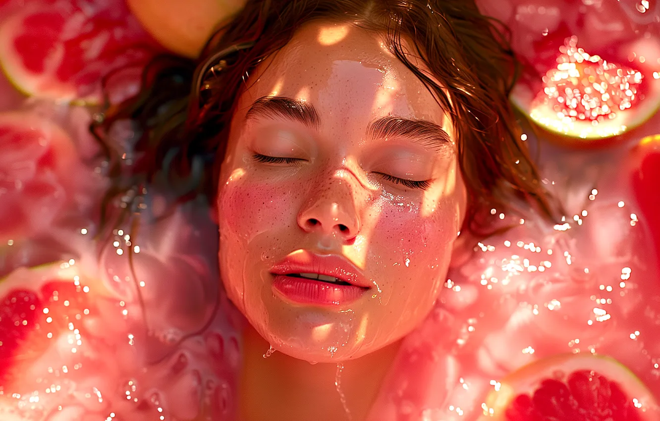 Photo wallpaper water, girl, light, face, pose, glare, relax, shadow