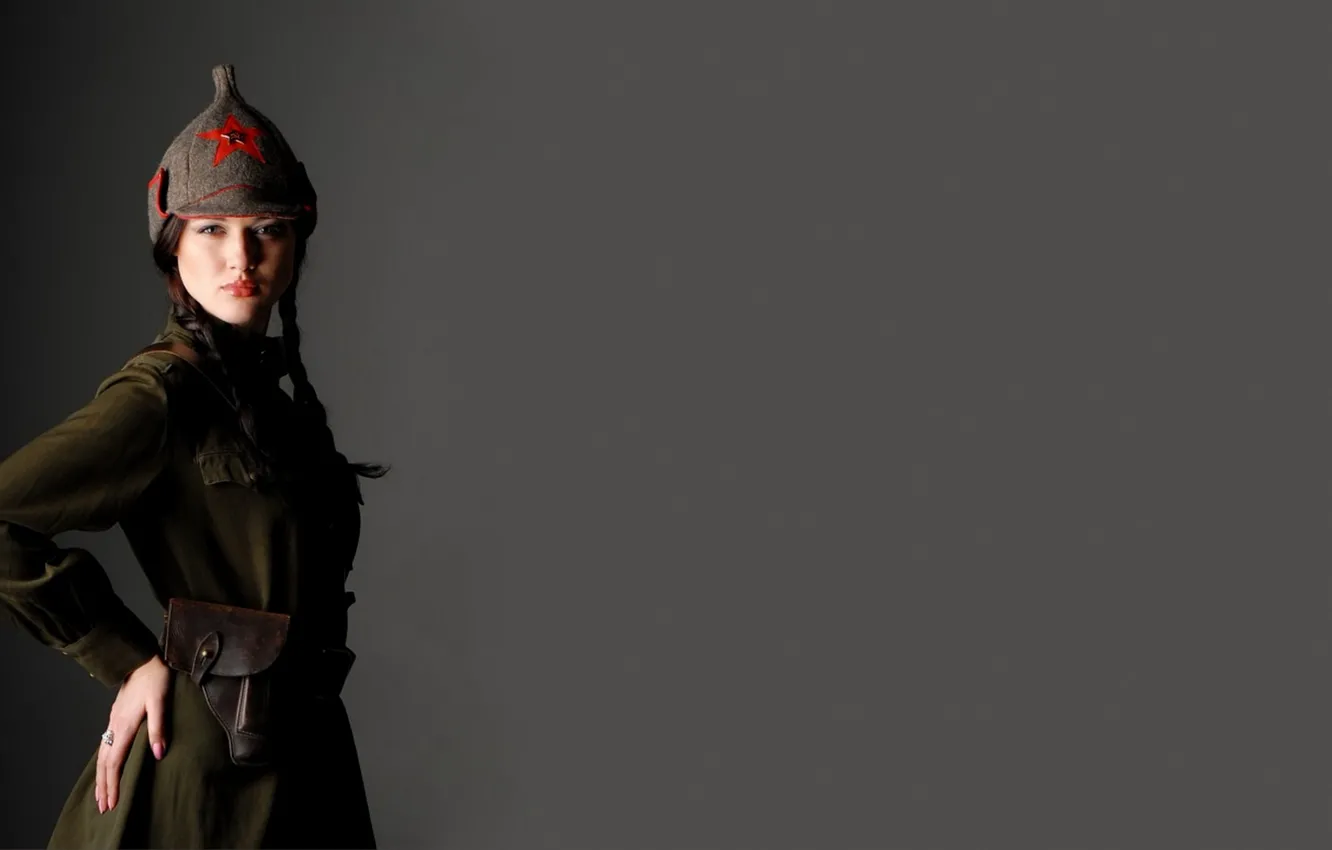 Photo wallpaper gun, brunette, grey background, holster, tunic, Krasnoarmeyka, BUDENOVKA