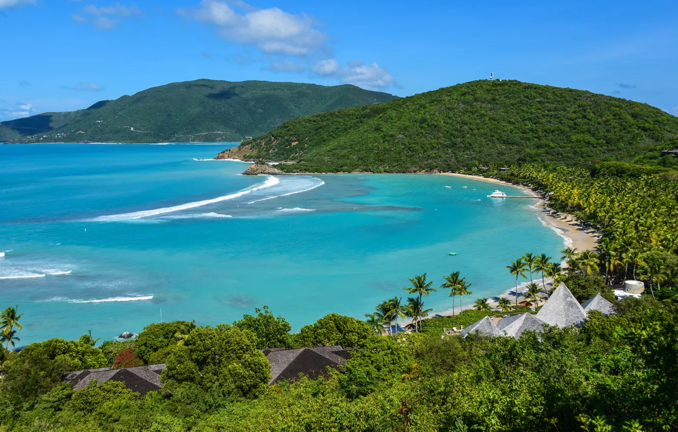 Photo wallpaper sea, greens, the sun, mountains, tropics, palm trees, coast, The Maldives