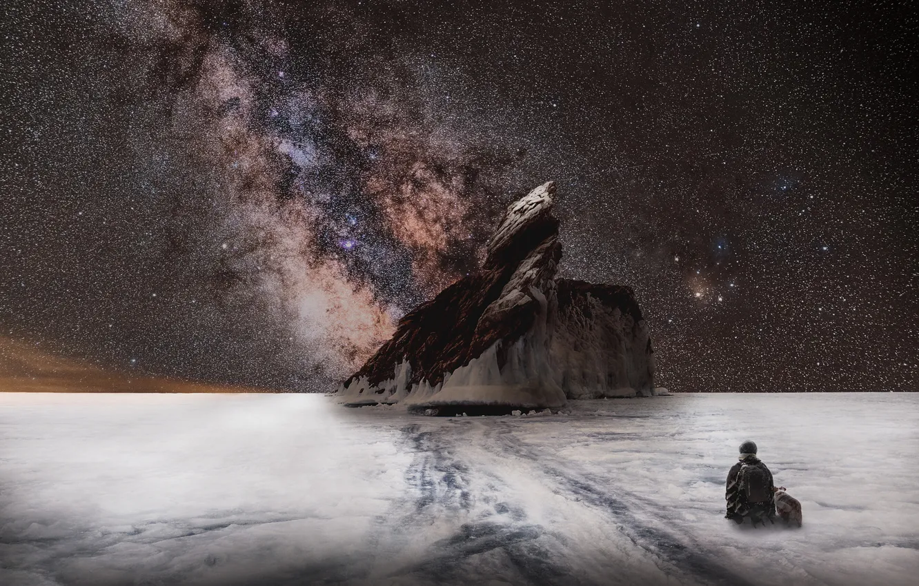 Photo wallpaper mountains, night, fog, rocks, dog, male, the milky way