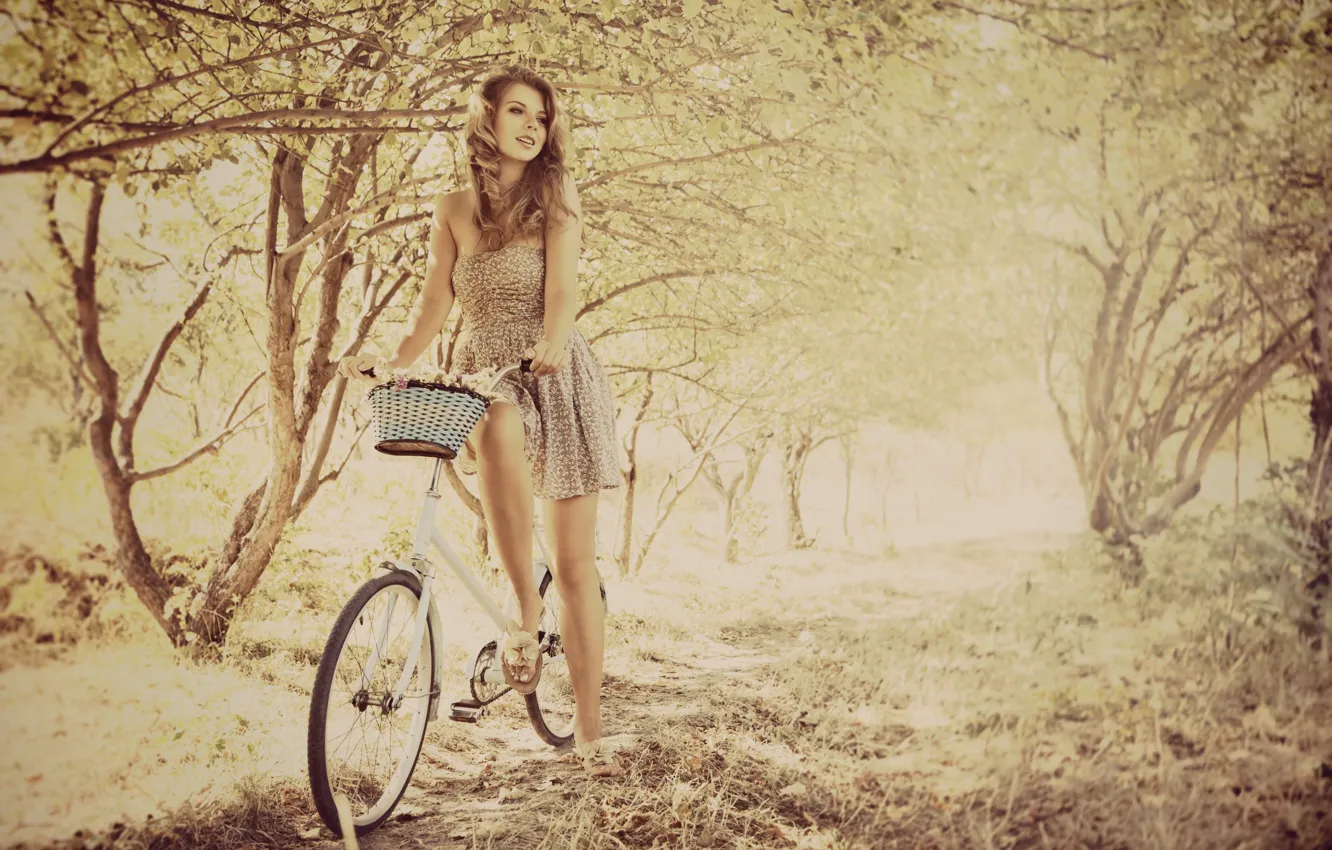 Photo wallpaper leaves, girl, trees, branches, bike, background, stay, mood