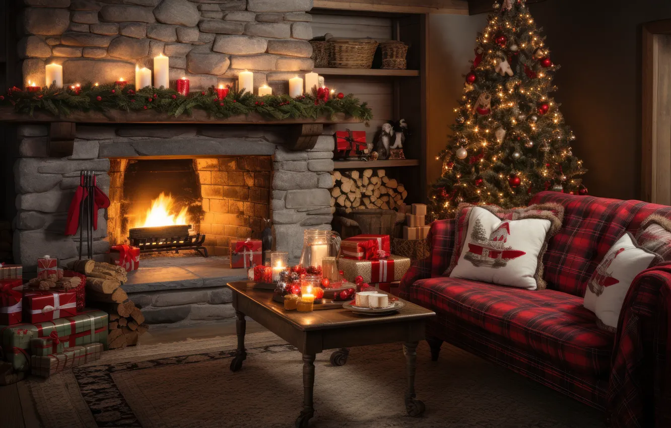Photo wallpaper lights, comfort, heat, room, flame, furniture, new year, home
