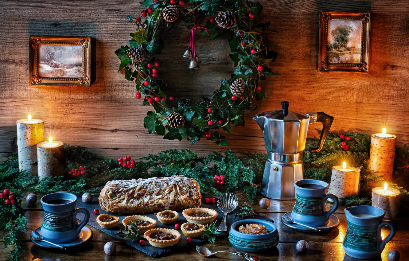 Photo wallpaper style, new year, coffee, candles, Christmas, pie, still life, wreath