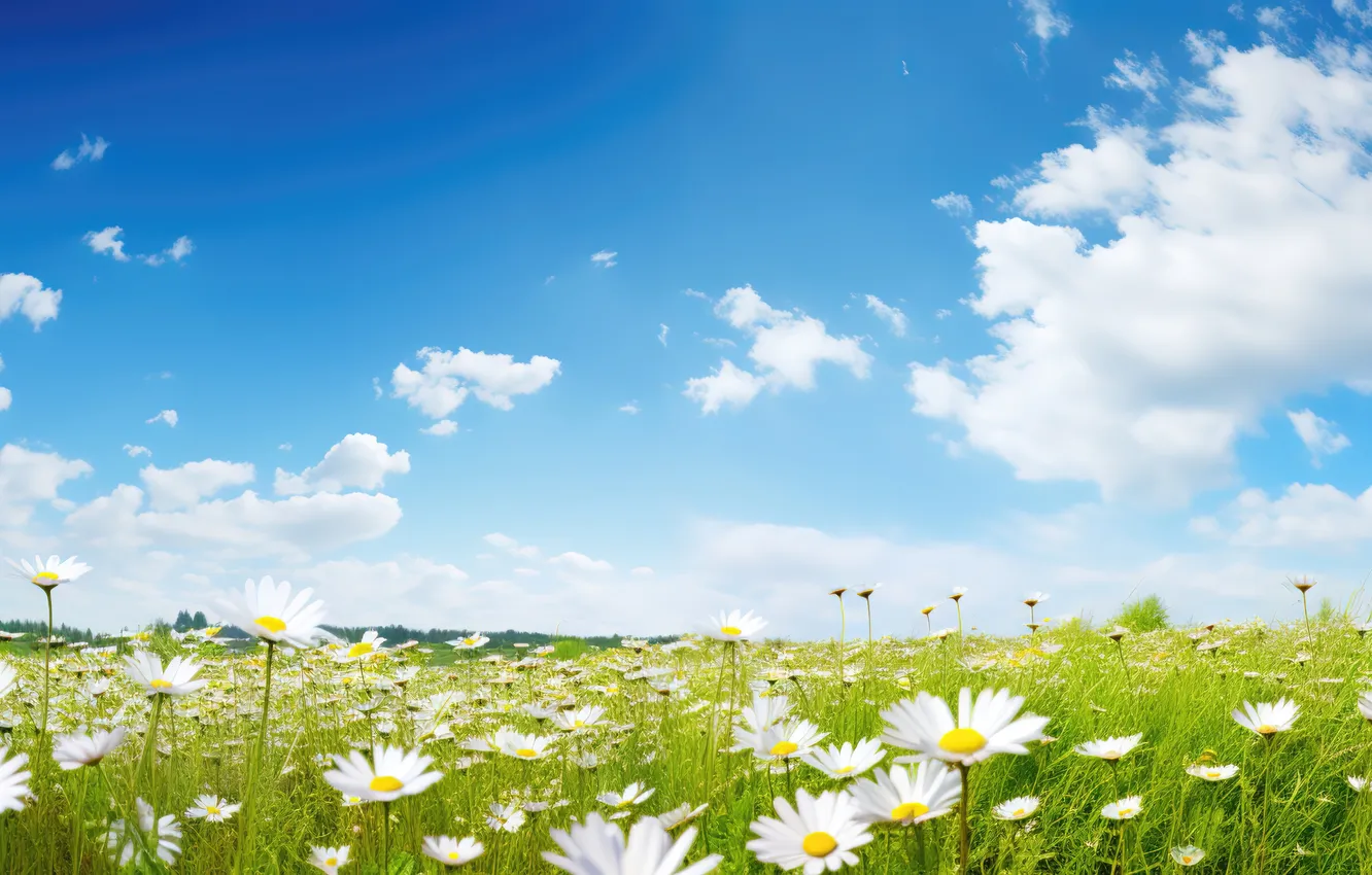 Photo wallpaper field, the sun, flowers, chamomile, spring, meadow, sunshine, spring