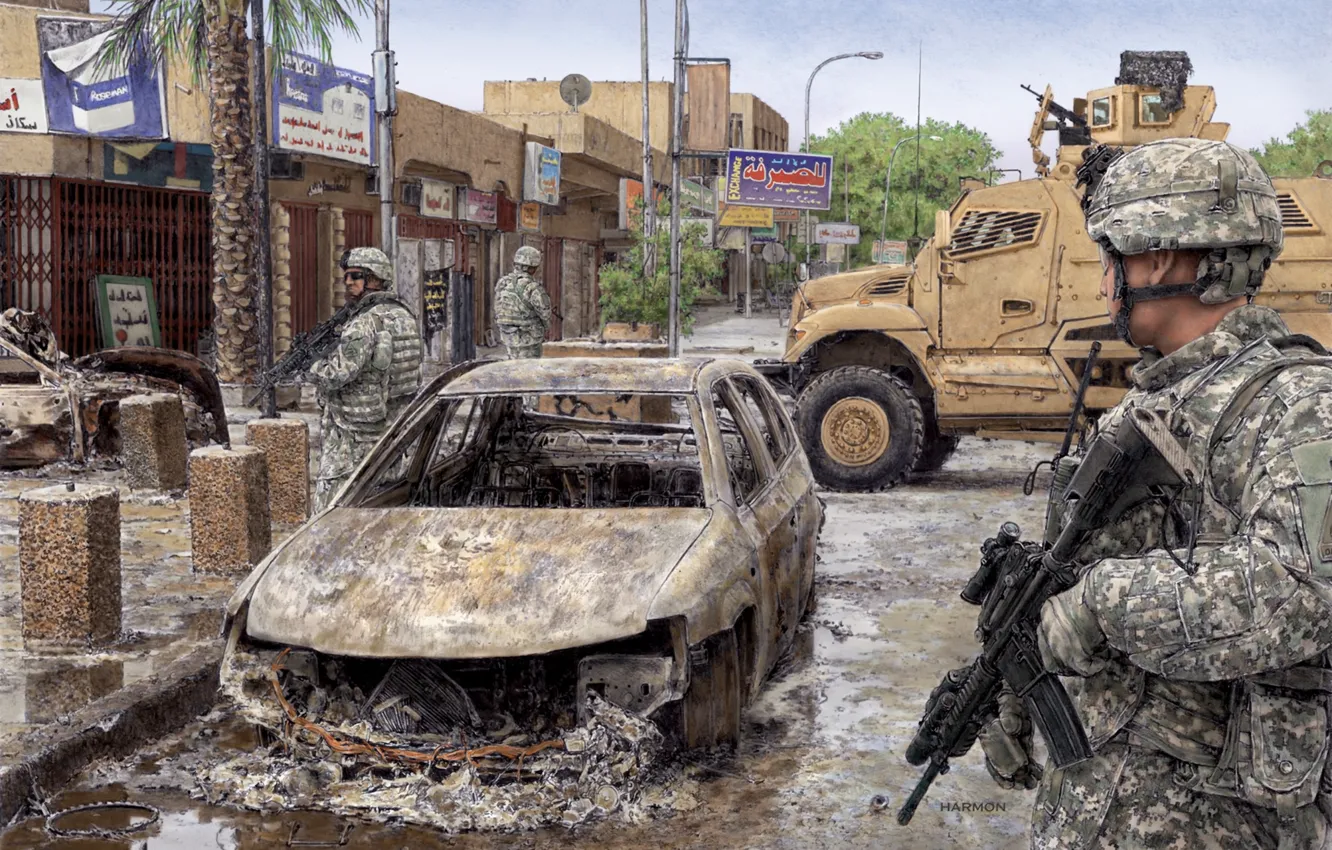 Photo wallpaper street, home, soldiers, armored car, figure J. Harmna.
