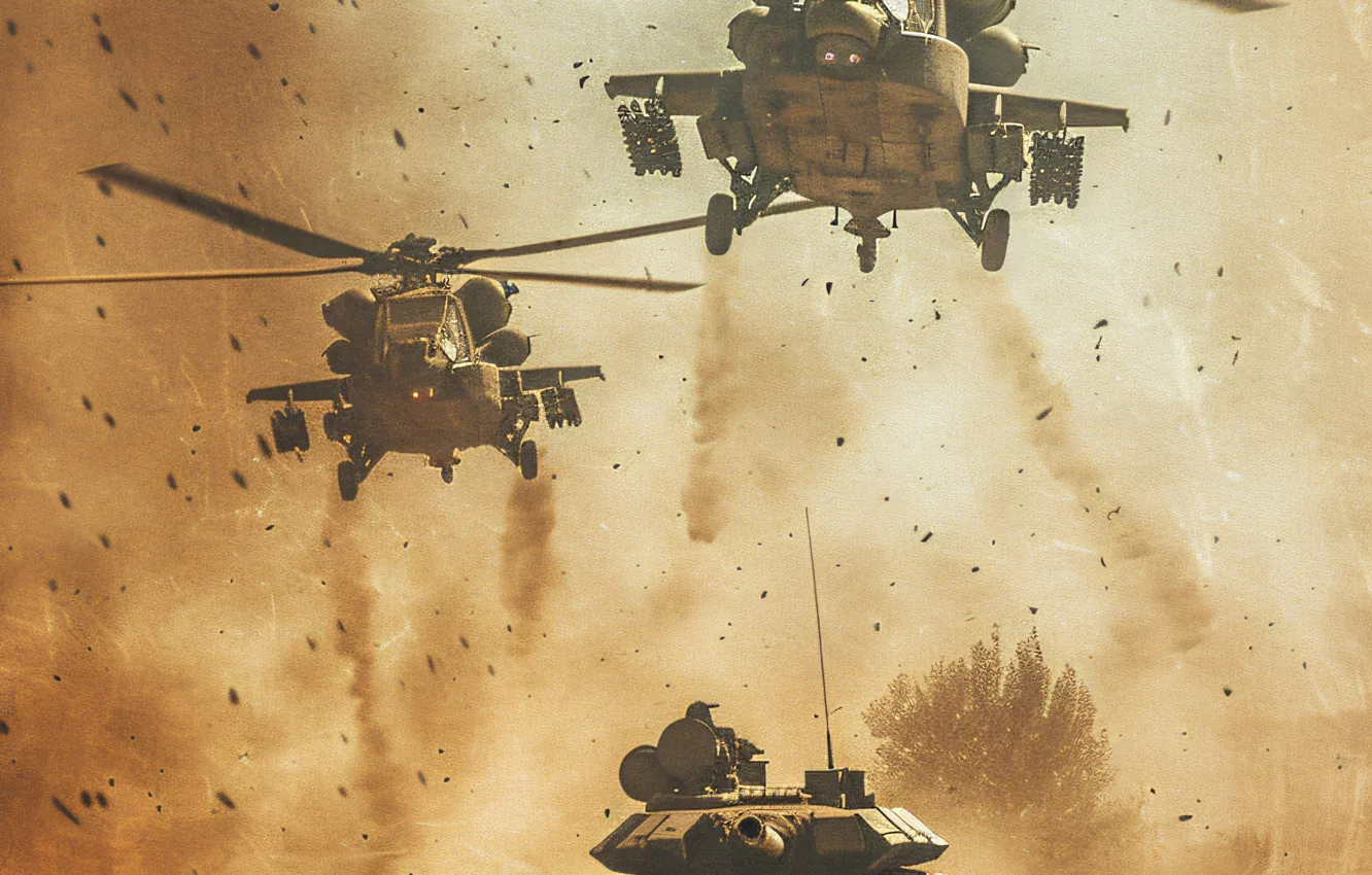 Photo wallpaper retro, smoke, dust, tank, black and white, helicopter, digital art, AI art