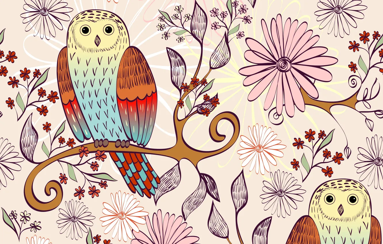 Photo wallpaper flowers, birds, branch, texture, owls, leaves