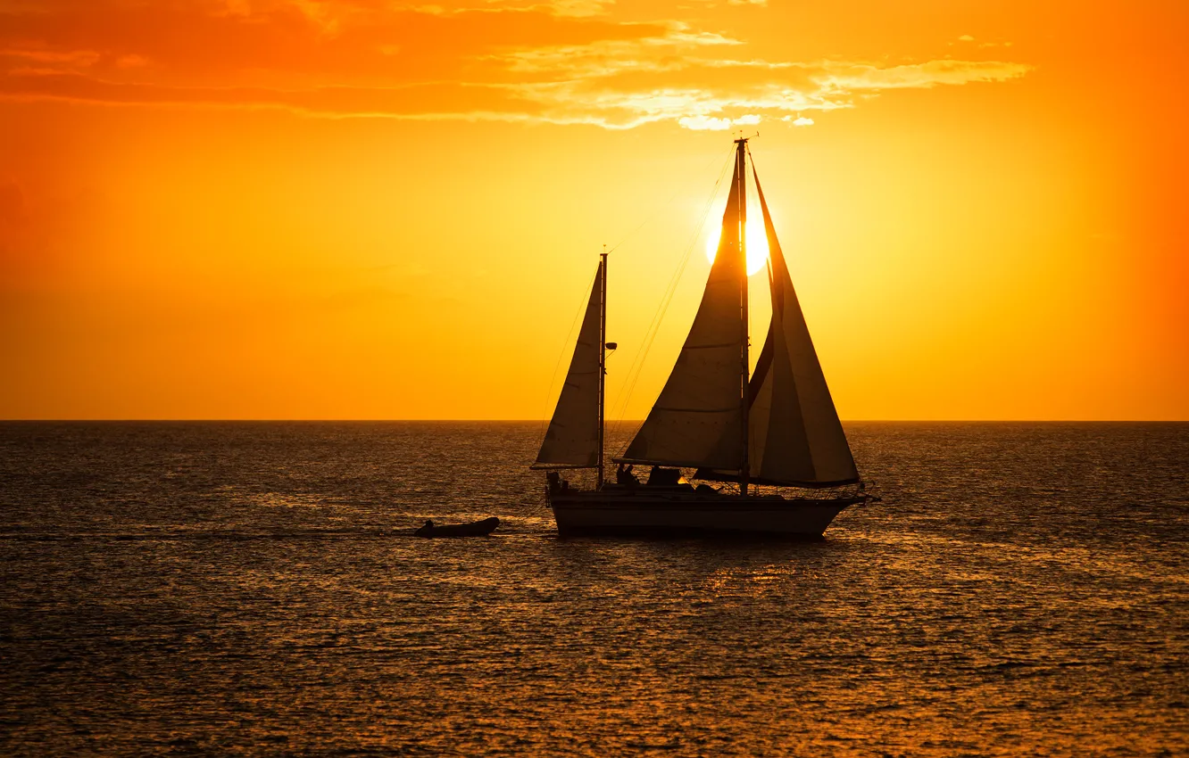 Photo wallpaper sailboat, the evening, sea. sunset
