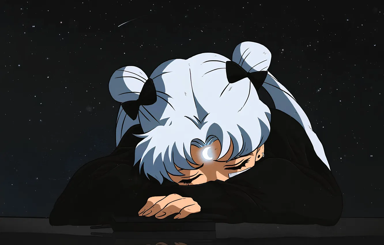 Photo wallpaper the dark background, loneliness, sleep, girl, white hair, digital art, Crescent, digital art