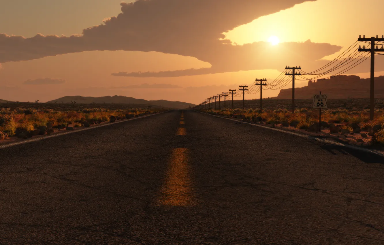 Photo wallpaper road, clouds, rocks, sign, art, USA, the bushes, Heath