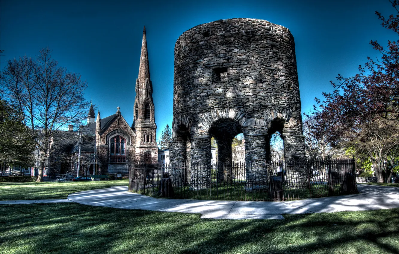 Photo wallpaper trees, lawn, the fence, tower, home, treatment, track, USA